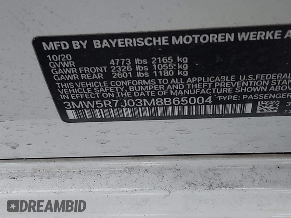 2021 BMW 3 Series 330i xDrive with VIN 3MW5R7J03M8B65004, listed as a IAAI auction lot 41244134 with Not Provided miles and . Bid and sale history available at DreamBid. Image 9.