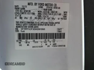 2013 Ford F-150 XL with VIN 1FTPF1CF3DKD91593, listed as a Copart auction lot 69015354 with 248,800 mi miles and Salvage title. Bid and sale history available at DreamBid. Image 12.