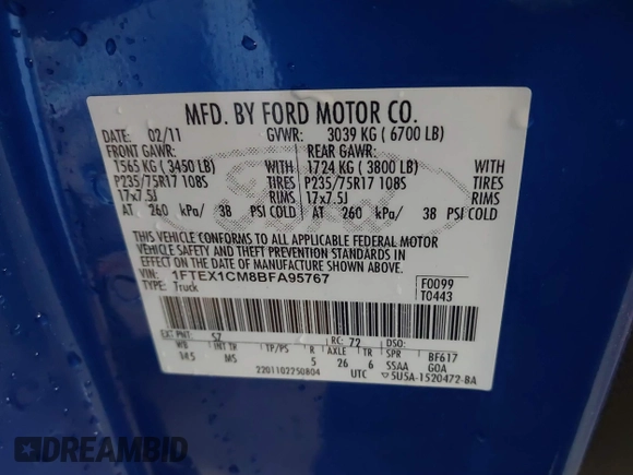 2011 Ford F-150 XL with VIN 1FTEX1CM8BFA95767, listed as a IAAI auction lot 41387109 with 119,159 mi miles. Bid and sale history available at carsss.com. Image 9.
