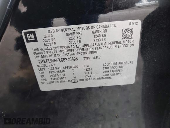 2012 GMC Terrain SLT-2 with VIN 2GKFLWE5XC6246496, listed as a IAAI auction lot 42533607 with 222,870 mi miles and . Bid and sale history available at DreamBid. Image 9.
