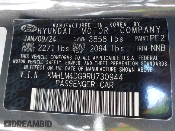 2024 Hyundai Elantra SEL with VIN KMHLM4DG9RU730944, listed as a IAAI auction lot 42326208 with 6,583 mi miles and . Bid and sale history available at DreamBid. Image 9.