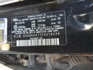 2015 Kia Optima SX with VIN 5XXGR4A77FG378234, listed as a Copart auction lot 56513525 with 110,523 mi miles and Clean title. Bid and sale history available at DreamBid. Image 12.