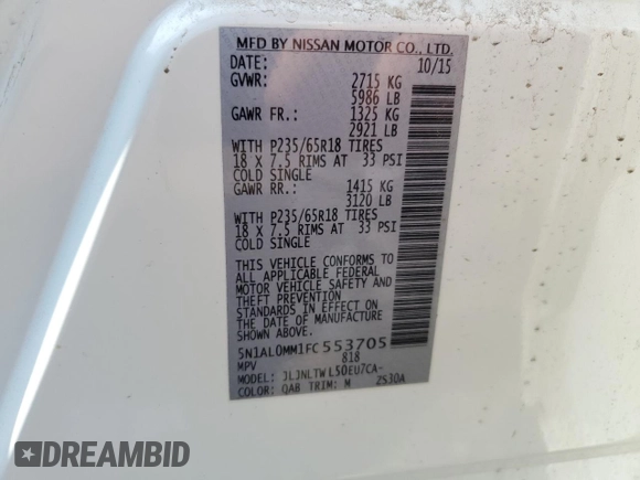 2015 Infiniti QX60 with VIN 5N1AL0MM1FC553705, listed as a Copart auction lot 61649995 with 101,279 mi miles and Clean title. Bid and sale history available at DreamBid. Image 13.