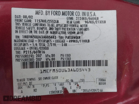 2003 Mercury Sable GS with VIN 1MEFM50U63A605443, listed as a IAAI auction lot 40846836 with 133,682 mi miles and . Bid and sale history available at DreamBid. Image 9.