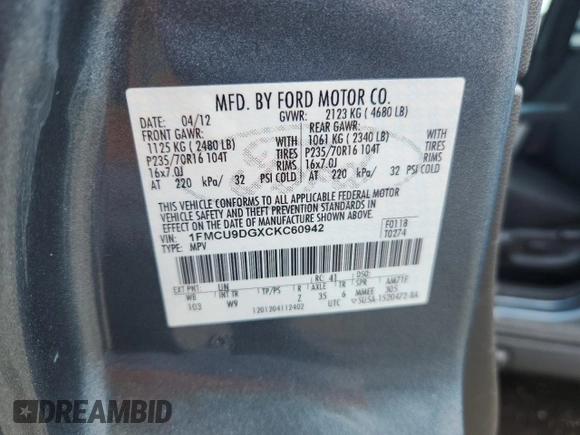 2012 Ford Escape XLT с VIN 1FMCU9DGXCKC60942, выставлен на аукционе Copart как лот 65193705 с пробегом 105 594 миль миль и Чистый • Clean title. История ставок и продаж доступна на DreamBid. Изображение 12.