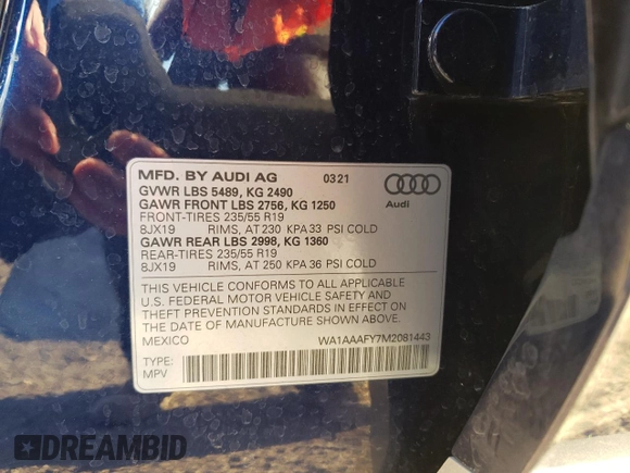 2021 Audi Q5 Premium with VIN WA1AAAFY7M2081443, listed as a Copart auction lot 73126172 with 24,795 mi miles. Bid and sale history available at carsss.com. Image 13.