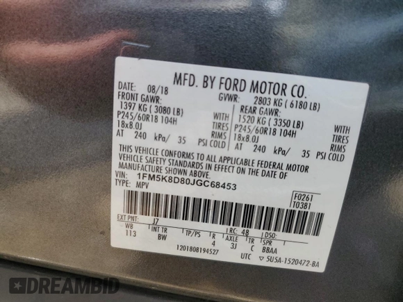 2018 Ford Explorer XLT with VIN 1FM5K8D80JGC68453, listed as a Copart auction lot 48401185 with 115,112 mi miles and Non Repairable. Bid and sale history available at DreamBid. Image 14.