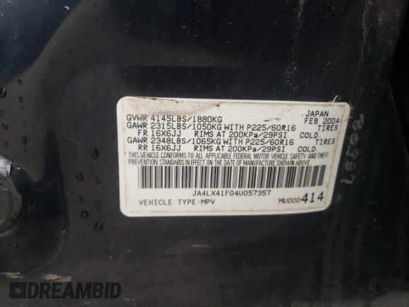 2004 Mitsubishi Outlander SE with VIN JA4LX41F04U057357, listed as a Copart auction lot 45090925 with 260,485 mi miles and Salvage Title. Bid and sale history available at carsss.com. Image 12.
