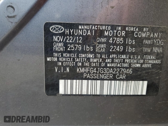 2013 Hyundai Azera с VIN KMHFG4JG3DA227946, выставлен на аукционе Copart как лот 62827305 с пробегом 113 630 миль миль и Списание • Salvage title. История ставок и продаж доступна на DreamBid. Изображение 12.
