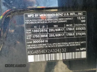 2002 Mercedes-Benz M 320/430/500 z VIN 4JGAB54EX2A324132, wystawiony jako Copart lot #48640075 z przebiegiem Nie podano mil oraz Nie do naprawy • Non repairable. Historia ofert i sprzedaży dostępna na DreamBid. Obrazek 14.