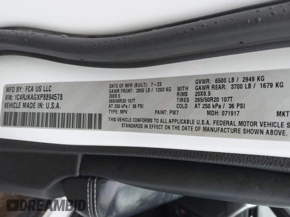 2023 Jeep Grand Cherokee Laredo с VIN 1C4RJKAGXP8894578, выставлен на аукционе IAAI как лот 41525487 с пробегом 43 222 миль миль и . История ставок и продаж доступна на DreamBid. Изображение 9.