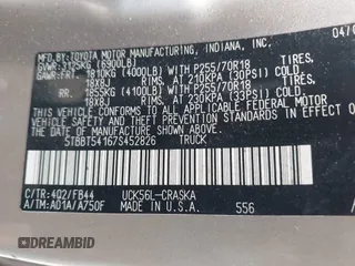 2007 Toyota Tundra SR5 с VIN 5TBBT54167S452826, выставлен на аукционе IAAI как лот 41956464 с пробегом 231 437 миль миль и . История ставок и продаж доступна на DreamBid. Изображение 9.