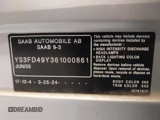 2006 Saab 9-3 z VIN YS3FD49Y361000861, wystawiony jako IAAI lot #40501671 z przebiegiem 139 391 mil mil oraz . Historia ofert i sprzedaży dostępna na DreamBid. Obrazek 9.