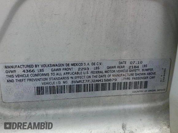 2010 Volkswagen Jetta Limited Edition with VIN 3VWRZ7AJ2AM158879, listed as a Copart auction lot 61483065 with 146,206 mi miles and Salvage title. Bid and sale history available at DreamBid. Image 12.