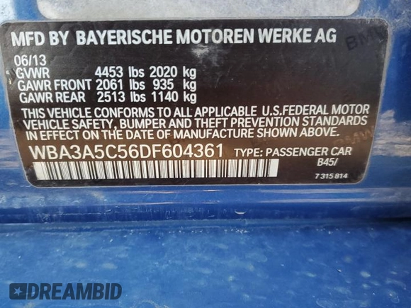 2013 BMW 3 Series 328i with VIN WBA3A5C56DF604361, listed as a Copart auction lot 83640844 with 135,839 mi miles and Non repairable. Bid and sale history available at DreamBid. Image 12.