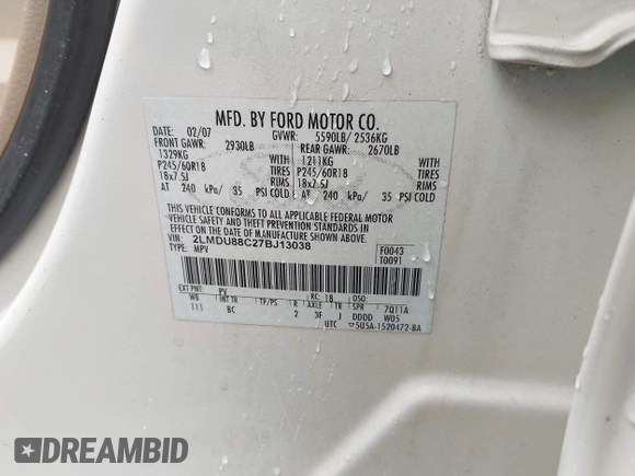 2007 Lincoln MKX with VIN 2LMDU88C27BJ13038, listed as a IAAI auction lot 42342316 with Not provided miles and . Bid and sale history available at DreamBid. Image 9.