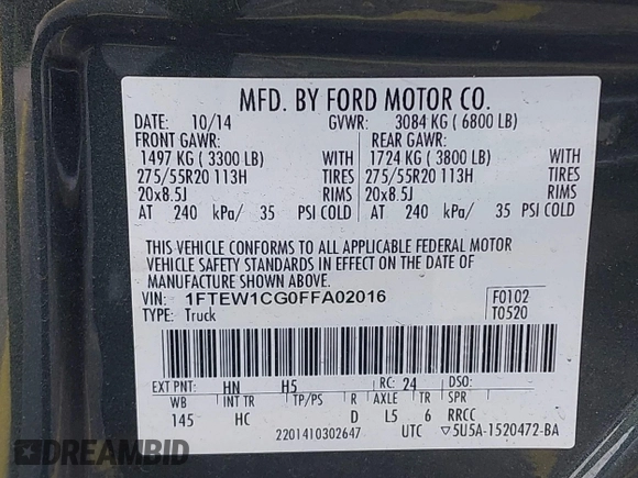 2015 Ford F-150 XL with VIN 1FTEW1CG0FFA02016, listed as a IAAI auction lot 42790613 with 145,312 mi miles and . Bid and sale history available at DreamBid. Image 9.