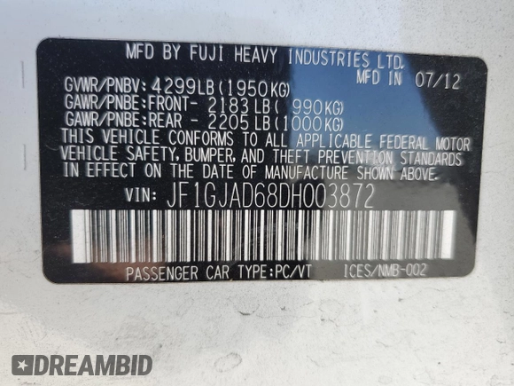 2013 Subaru Impreza Premium с VIN JF1GJAD68DH003872, выставлен на аукционе Copart как лот 61089795 с пробегом 167 583 миль миль и Чистый • Clean title. История ставок и продаж доступна на DreamBid. Изображение 12.