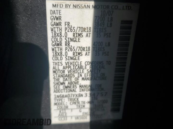 2008 Nissan Titan with VIN 1N6BA07FX8N334757, listed as a Copart auction lot 64166315 with Not provided miles and Clean title. Bid and sale history available at DreamBid. Image 14.