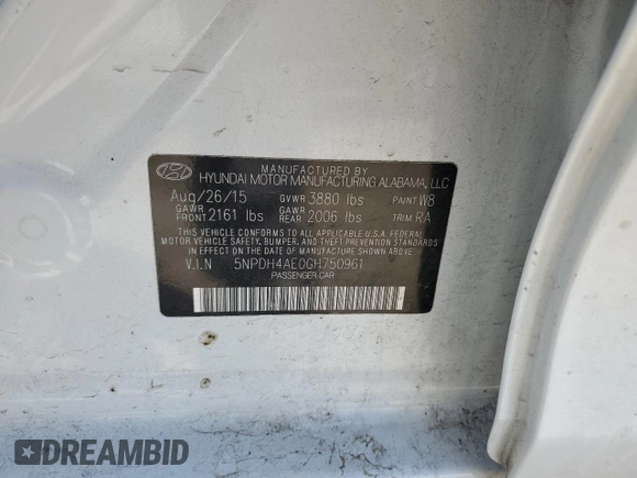 2016 Hyundai Elantra SE with VIN 5NPDH4AE0GH750961, listed as a Copart auction lot 52159865 with 150,489 mi miles and Salvage Title. Bid and sale history available at DreamBid. Image 12.
