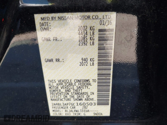 2016 Nissan Altima SL z VIN 1N4BL3AP7GC160503, wystawiony jako IAAI lot #41800943 z przebiegiem 105 619 mil mil oraz . Historia ofert i sprzedaży dostępna na DreamBid. Obrazek 9.