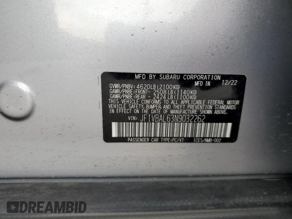 2022 Subaru WRX Limited with VIN JF1VBAL63N9032262, listed as a Copart auction lot 41683385 with 19,844 mi miles and Salvage Title. Bid and sale history available at DreamBid. Image 13.