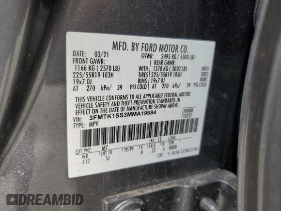 2021 Ford Mustang Mach-E Select with VIN 3FMTK1SS3MMA19684, listed as a Copart auction lot 51345255 with 41,968 mi miles and Salvage Title. Bid and sale history available at DreamBid. Image 15.