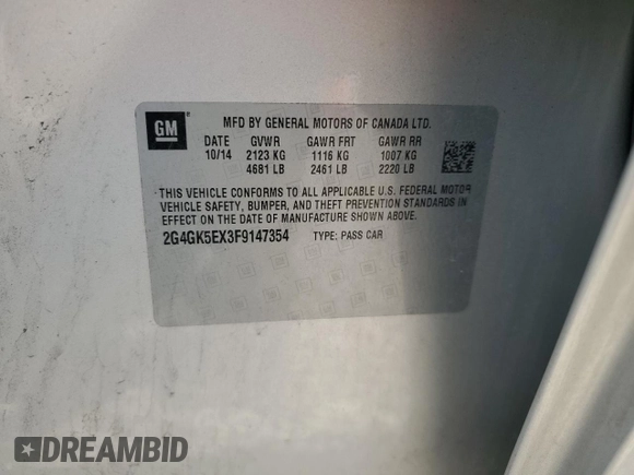 2015 Buick Regal with VIN 2G4GK5EX3F9147354, listed as a Copart auction lot 64939885 with 123,142 mi miles and Salvage title. Bid and sale history available at DreamBid. Image 12.