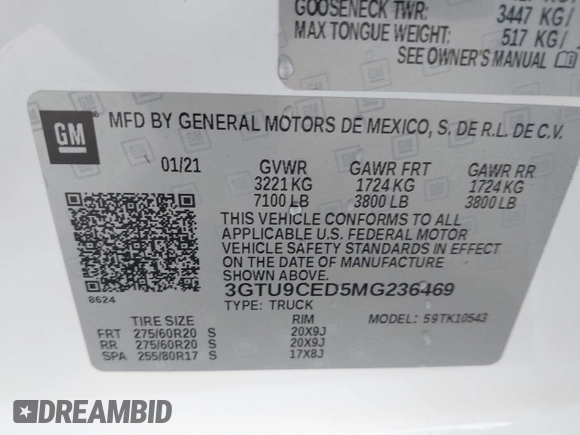 2021 GMC Sierra 1500 Elevation with VIN 3GTU9CED5MG236469, listed as a IAAI auction lot 41691714 with 36,594 mi miles and . Bid and sale history available at DreamBid. Image 9.