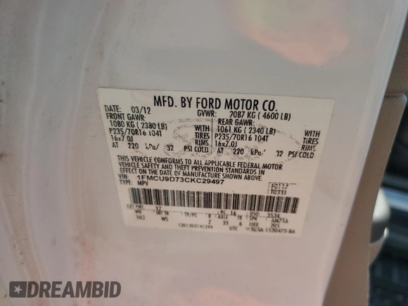 2012 Ford Escape XLT with VIN 1FMCU9D73CKC29497, listed as a Copart auction lot 63211965 with 142,134 mi miles and Salvage title. Bid and sale history available at DreamBid. Image 13.