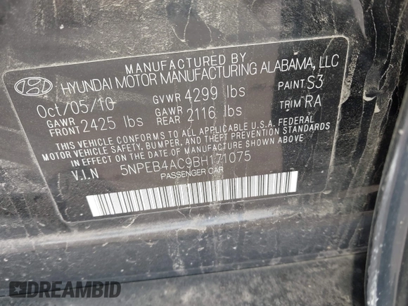 2011 Hyundai Sonata GLS with VIN 5NPEB4AC9BH171075, listed as a IAAI auction lot 41707321 with 220,270 mi miles. Bid and sale history available at carsss.com. Image 9.
