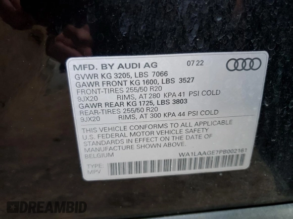 2023 Audi e-tron Premium Plus with VIN WA1LAAGE7PB002161, listed as a Copart auction lot 60665413 with Not provided miles and . Bid and sale history available at DreamBid. Image 13.