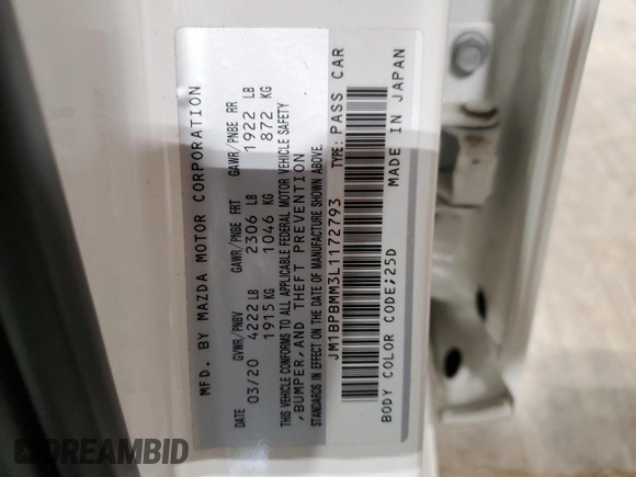2020 Mazda 3 Preferred with VIN JM1BPBMM3L1172793, listed as a Copart auction lot 56730105 with 17,530 mi miles and Non repairable. Bid and sale history available at DreamBid. Image 12.