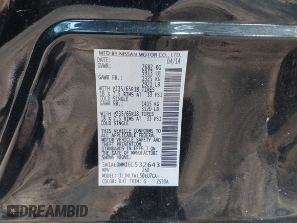 2014 Infiniti QX60 with VIN 5N1AL0MM1EC532643, listed as a IAAI auction lot 42161193 with 107,325 mi miles and . Bid and sale history available at DreamBid. Image 9.