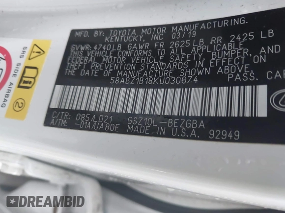 2019 Lexus ES 350 with VIN 58ABZ1B18KU030874, listed as a IAAI auction lot 41932280 with 71,235 mi miles and . Bid and sale history available at DreamBid. Image 9.