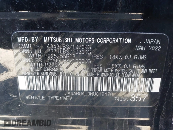 2022 Mitsubishi Outlander Sport ES with VIN JA4ARUAU0NU012470, listed as a IAAI auction lot 41822232 with 62,121 mi miles. Bid and sale history available at carsss.com. Image 9.