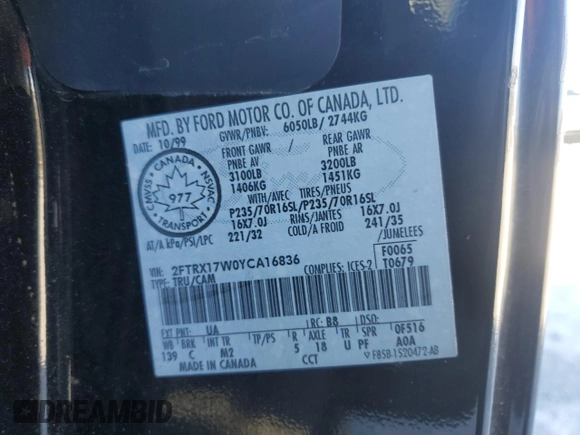 2000 Ford F-150 XL with VIN 2FTRX17W0YCA16836, listed as a Copart auction lot 45025205 with 0 mi miles and Salvage Title. Bid and sale history available at carsss.com. Image 12.