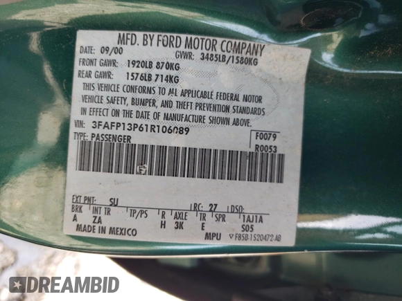 2001 Ford Escort Fleet with VIN 3FAFP13P61R106089, listed as a Copart auction lot 61732225 with 96,964 mi miles and Salvage title. Bid and sale history available at DreamBid. Image 12.