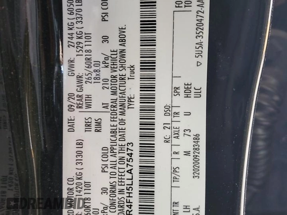 2020 Ford Ranger XL z VIN 1FTER4FH5LLA75473, wystawiony jako Copart lot #58136185 z przebiegiem Nie podano mil oraz Szkoda całkowita • Salvage title. Historia ofert i sprzedaży dostępna na DreamBid. Obrazek 12.