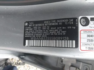 2005 BMW 5 Series 545i with VIN WBANB33555B089128, listed as a IAAI auction lot 42157702 with 206,362 mi miles and . Bid and sale history available at carsss.com. Image 9.