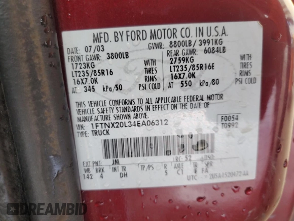 2004 Ford F-250 XL with VIN 1FTNX20L34EA06312, listed as a Copart auction lot 53779295 with 315,600 mi miles and Salvage title. Bid and sale history available at DreamBid. Image 12.