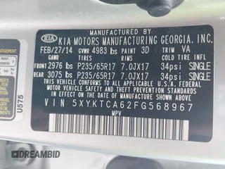 2015 Kia Sorento LX with VIN 5XYKTCA62FG568967, listed as a IAAI auction lot 42689942 with 215,430 mi miles and . Bid and sale history available at DreamBid. Image 9.