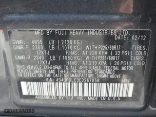 2012 Subaru Outback 3.6R Limited with VIN 4S4BRDLC3C2267858, listed as a IAAI auction lot 42059094 with 162,505 mi miles. Bid and sale history available at carsss.com. Image 9.