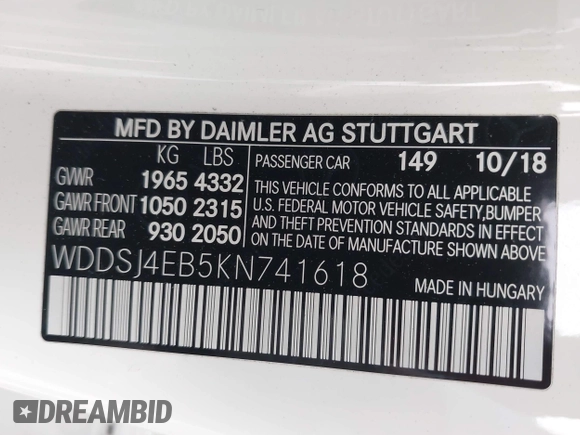 2019 Mercedes-Benz CLA with VIN WDDSJ4EB5KN741618, listed as a IAAI auction lot 42012611 with 91,417 mi miles. Bid and sale history available at carsss.com. Image 9.