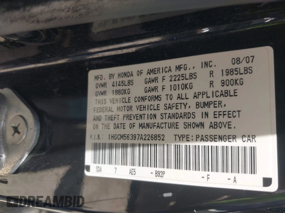 2007 Honda Accord LX SE с VIN 1HGCM56397A226852, выставлен на аукционе IAAI как лот 42577505 с пробегом 203 675 миль миль и . История ставок и продаж доступна на DreamBid. Изображение 9.