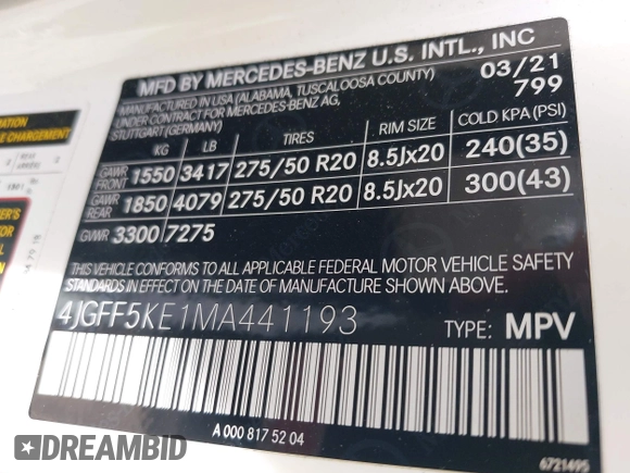 2021 Mercedes-Benz GLS 450 z VIN 4JGFF5KE1MA441193, wystawiony jako IAAI lot #42265225 z przebiegiem 75 375 mil mil oraz . Historia ofert i sprzedaży dostępna na DreamBid. Obrazek 9.