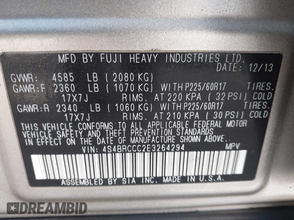2014 Subaru Outback Premium with VIN 4S4BRCCC2E3264294, listed as a IAAI auction lot 42050338 with 116,672 mi miles and . Bid and sale history available at DreamBid. Image 9.