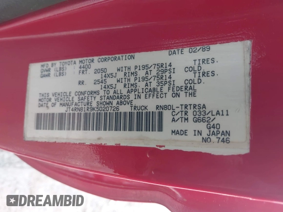 1989 Toyota Pickup с VIN JT4RN81R9K5020726, выставлен на аукционе IAAI как лот 41502393 с пробегом Не указан миль и . История ставок и продаж доступна на DreamBid. Изображение 9.