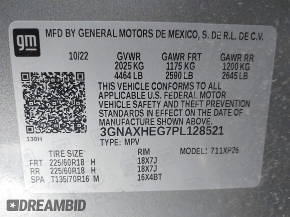 2023 Chevrolet Equinox LS z VIN 3GNAXHEG7PL128521, wystawiony jako IAAI lot #41807239 z przebiegiem 46 112 mil mil oraz . Historia ofert i sprzedaży dostępna na DreamBid. Obrazek 9.