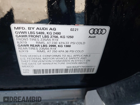 2021 Audi Q5 Premium Plus with VIN WA1BAAFY7M2065912, listed as a IAAI auction lot 41752656 with 30,472 mi miles and . Bid and sale history available at DreamBid. Image 9.